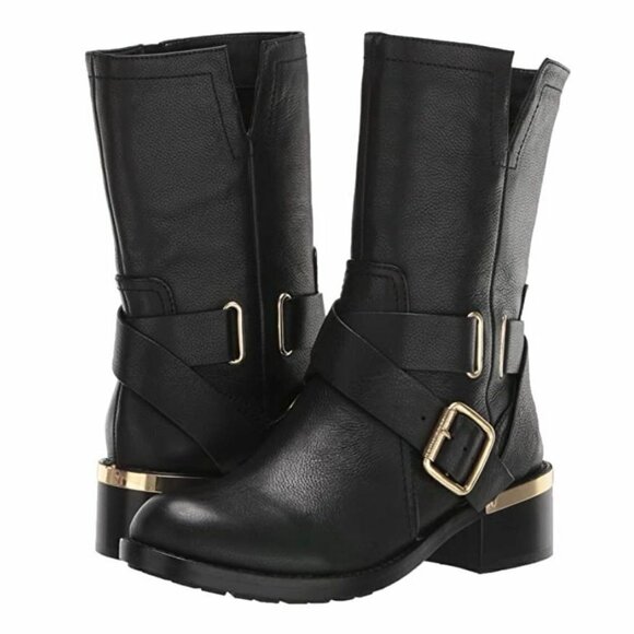 Vince Camuto Black Leather Gold Buckle Detailed Wethima Leather Moto Boots - Picture 1 of 8